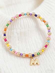 1 Buah Gelang Huruf Manik-Manik Kecil untuk Anak Perempuan, Gelang Elastis dengan Liontin Huruf Awal Tunggal A-Z Kustom, Gelang Manik-Manik Buatan Tangan Berwarna-warni Gaya Boho yang Dapat Ditumpuk, Aksesori Harian - MultiWarna - View 3