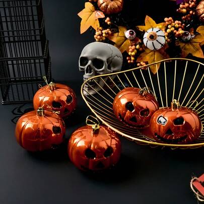 9-pack Halloween-pumpor som hängande prydnader, matta orangea, glansiga metalliska iriserande Jack O'Lantern-pumpbollar, för Halloween-träd, krans, fönster, inomhus och utomhus, kusliga festdekorationer och tillbehör