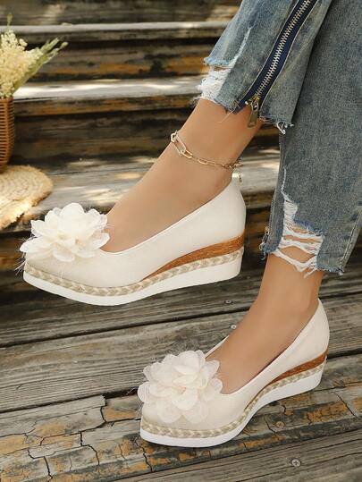 Women's New Fashion Wedge Heel Thick Sole Shallow Pointed Toe Casual Fabric Outdoor Party Spring Autumn Shoes