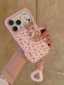 Rhinestone Stand Minimalist Floral 3D Plush Rabbit Phone Case Compatible With IPhone 17 Pro Max, 16 New, 15 With Lanyard, 17 Pro, 14 Spring Easter - Pink - View 1