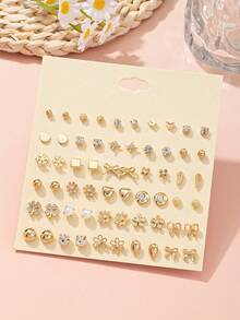 30 paires de boucles d'oreilles à tige pour femmes, motifs fleurs, nœuds, cœurs, carrés, géométriques, pour une utilisation quotidienne et les jours de fête - Or jaune - Voir 2