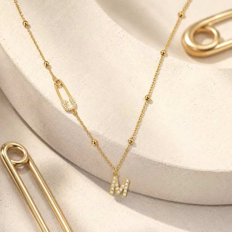 1pc New Classic Initial Pin Golden Stainless Steel Bead Chain Necklaces For Women - Yellow Gold - View 3