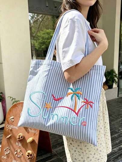 Multi-Color Striped Canvas Tote Bag, Summer Theme Faux Embroidery Pattern Print (2D), Large Capacity Striped Shoulder Bag Makeup Bag, Fashionable Contrast Color Design, Student Commuter Casual Bag, Bohemian Striped Beach Bag, Multi-Functional Shopping Bag, Perfect For Beach Travel, Swimming, Shopping And Daily Use, Suitable For Women, Teenagers, College Students, White-Collar Workers, Travelers And Beach Lovers, Suitable For Summer, Easter, Back To School, Teacher's Day And Gifts, Can Be Used As Beach Bag, School Bag And Underarm Bag.