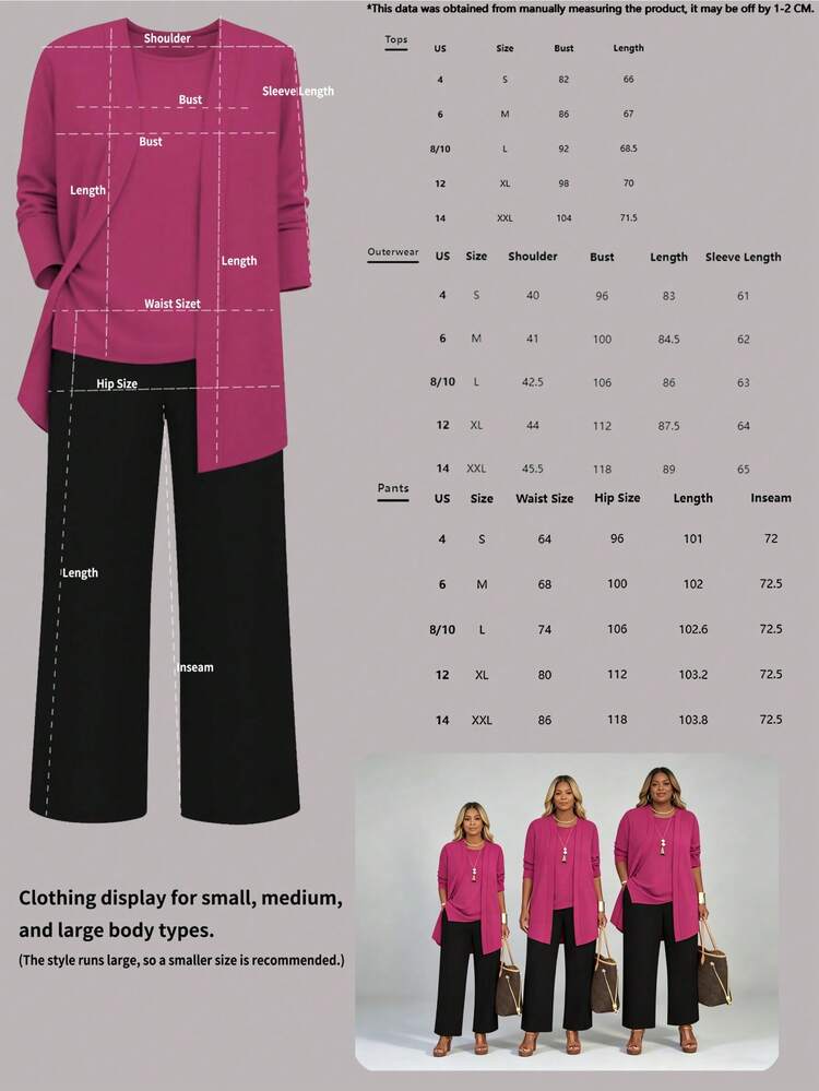 3pcs Women's Casual Solid Color Outfit Set: Jacket/Cardigan + Round Neck Sleeveless Top + Elastic Waist Straight Leg Pants Summer Elegant - Rose Red+Black - View 9