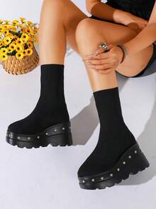 Women's Fashion Black Elastic Knit Thick Sole Sock Boots, Elastic Fabric Fits Leg Shape, Platform Thick Sole Heightening Slimming, Non-Slip Serrated Sole Stable And Durable, Round Toe Simple Versatile, Suitable For Daily Commute And Street Wear - Black - View 7