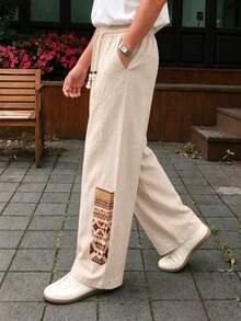 1pc Men's Pastoral Style Wide Leg Casual Pants With Exotic Pattern Patchwork Hem, Clean Silhouette, Versatile For Daily Commute And Casual Wear - Apricot - View 2