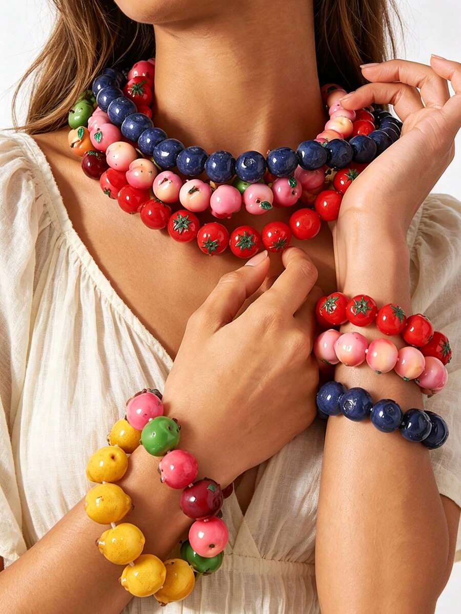 NAIZHU 1/2pcs Fashion Creative Colorful Y2K Dopamine Resin Fruit Necklace Blueberry Apple Mangosteen Necklace Daily Party Accessory - Multicolor - View 1