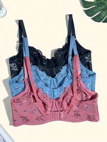 3pcs/Set Sujetador sin costuras con estampado fresco, con aro, soporte lateral, tirantes ajustables, cómodo para uso diario, talla grande para mujeres - Multicolor - Ver 4