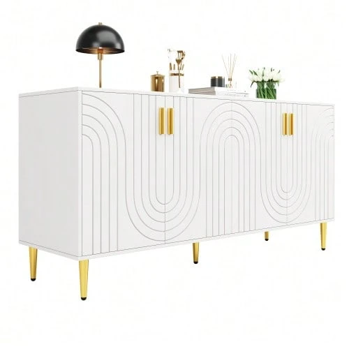 Black Sideboard (152 X 40 X 75 Cm) With A Unique Wave Design And Gold Handles And Feet, Creating An Elegant Dining Area - 白色 - 查看 1