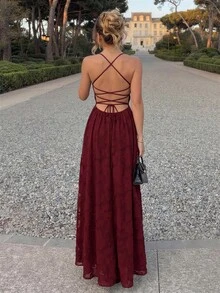 NOVELLE 女款性感優雅細肩帶露背收腰長洋裝，適合度假、派對與下午茶 - 酒紅色 - 查看 4