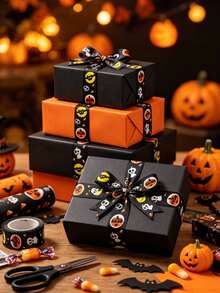 1 pieza Cinta con patrón de calabaza y murciélago de Halloween, cinta para envolver regalos, cinta decorativa de Halloween, tamaño 2.5cm*10, cinta acanalada para pastel de cumpleaños festivo, adecuada para envolver regalos, decoración de fiesta de Halloween y manualidades DIY - Multicolor - Ver 2