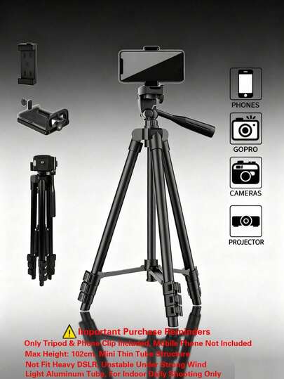 Tripie para Celular y Cámara de Aluminio Ligero de 102cm, Trípode Portátil Ajustable con Soporte para Teléfono, Soporte Multidispositivo Compatible con GoPro y Proyector, Ideal para Grabación de Video Fotos y Streaming