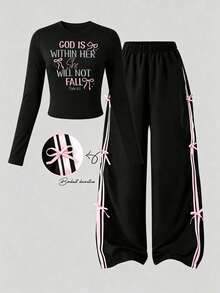 Tween Girls Slogan Print Round Neck T-Shirt And Contrast Stripe Bow Decor Long Pants - Black - View 1