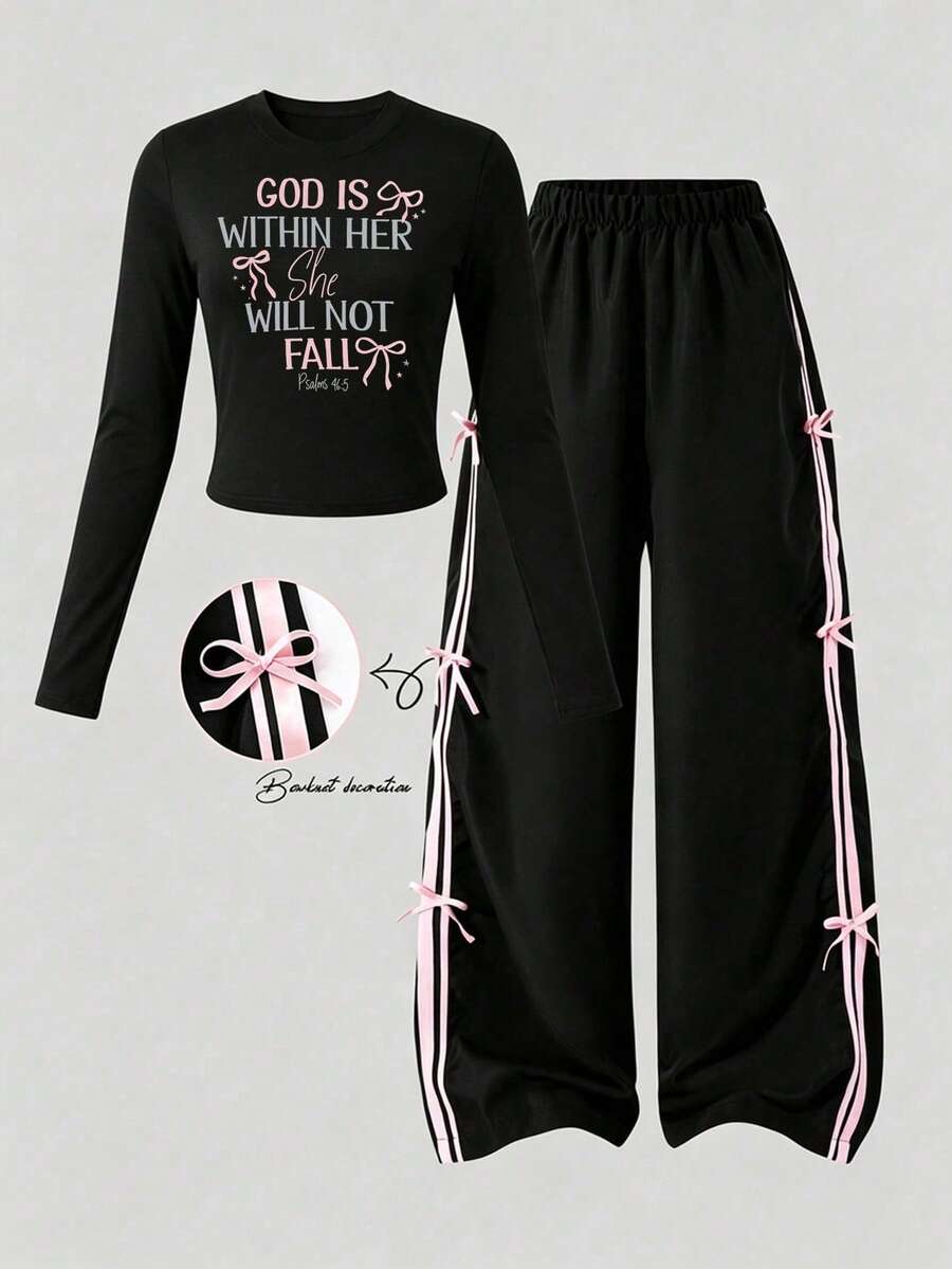 Tween Girls Slogan Print Round Neck T-Shirt And Contrast Stripe Bow Decor Long Pants - Black - View 1