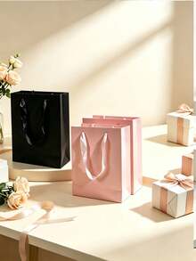 10pcs/5pcs/1pc Blank Paper Gift Bags With Velvet Rope Handles, Reusable Matte Paper Shopping Tote Bags, Suitable For Weddings, Birthday Parties, Boutique Retail Packaging, Black, White, Pink - Pink - View 3