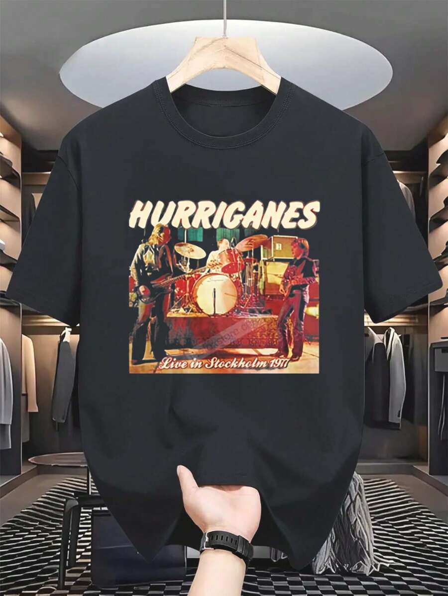 Men'S Vintage 80S/90S Rock Band T-Shirt - Hurricanes Live In Stockholm Concert Shirt With Drummer And Guitarist Logos, Black Retro Music Shirt For Cas - Black - View 1