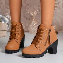 Sepatu Bot Ankle Wanita Ujung Bulat Hak Tebal dengan Hiasan Berlian Imitasi dan Resleting Samping, Sepatu Bot Vintage untuk Perjalanan Musim Gugur/Dingin yang Menambah Tinggi Badan - Coklat - View 3