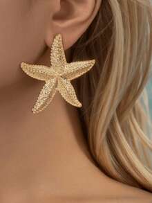 1 par de pendientes con estrella de mar dorada, adecuados para fiestas y bodas - Estrella - Ver 3