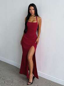 Summer, Party Elegant Dress, Sexy Pleated Slit Wedding Guest Dress, Women's Vacation Wear, Beach, Festival, Back To School - Burgundy - View 4