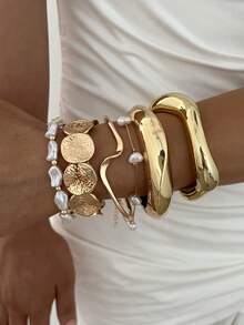 6/1pc Vintage Elegant Women's Gold Wave CCB Spring Clasp Metal Bracelet & Pearl Bracelet Set, Suitable For Daily Wear And Vacation - Gold - View 3