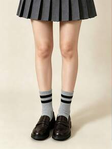 1 Pair Women's Grey Striped British Academy Style Two-Stripe Patchwork Mid-Calf Socks, Autumn/Winter, Suitable For Back To School, Halloween And Other Holidays - Multicolor - View 9