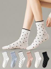 ZUJO 5 Pairs Sweet Women's Mid-Calf Socks, Polka Dot Pattern Bubble Lace Short Socks, Simple And Comfortable, Suitable For Spring, Autumn And Winter Sports Wear, Random Color - Multicolor - View 2