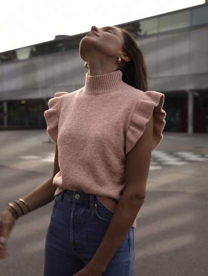 SEREN New Half-High Neck Women's Knit Top, Casual, Slim Fit, Ruffle Trim Sleeveless Women's Vest, Vintage Style Women's Pullover