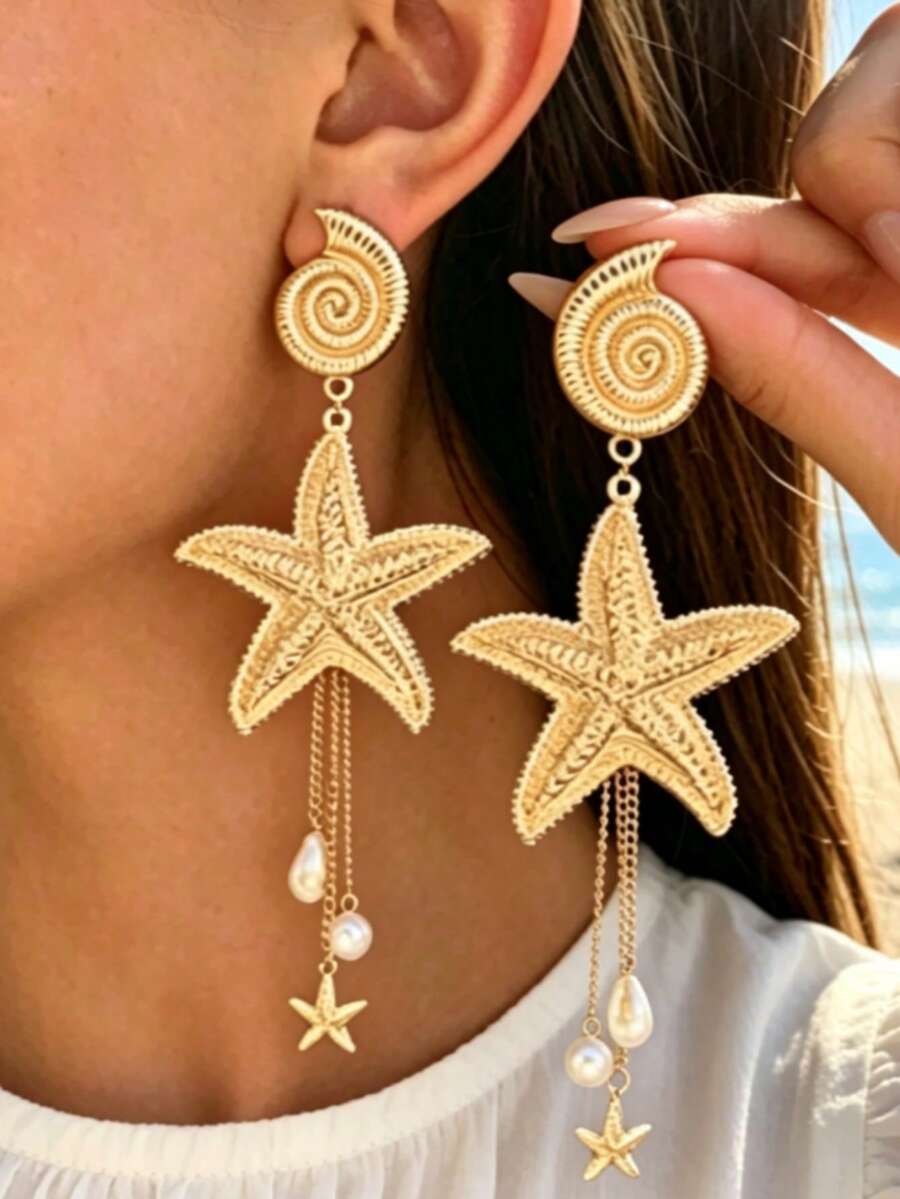 1 Pair Ocean Ins Style Metal Starfish & Shell Earrings, Bohemian Faux Pearl Long Tassel Kids Dangle Earrings - Multicolor - View 1