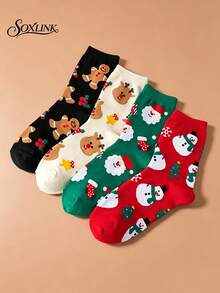 4 paia di calze a metà polpaccio da donna con motivi natalizi a cartoni animati, calze a metà polpaccio da donna a tema natalizio autunno/inverno con Babbo Natale & omino di pan di zenzero, calze regalo per le vacanze per studenti - Multicolore - Visualizzare 18