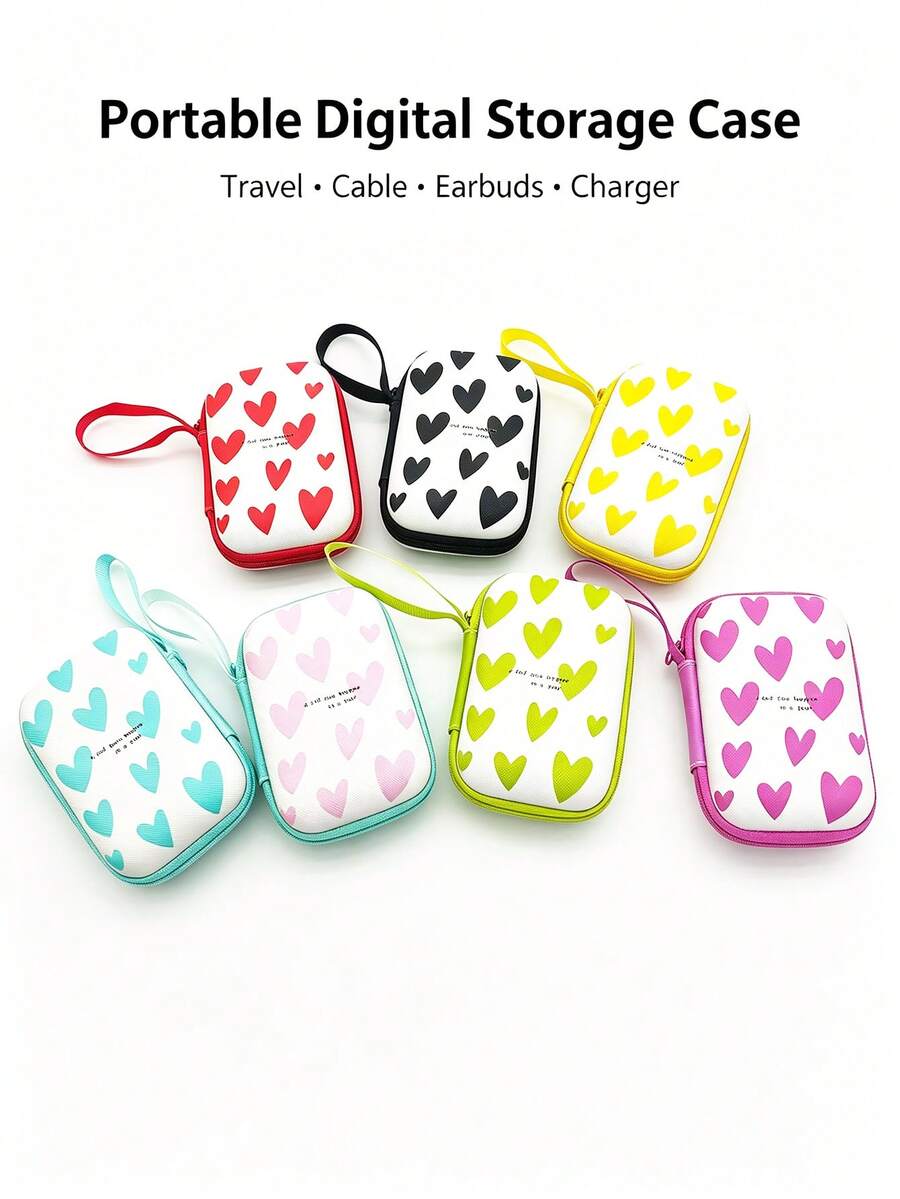 Heart-Shaped Print Electronic Accessories Storage Bag, Portable Cable Organizer Box For Chargers, Earphones, USB And Other Electronic Accessories, Suitable For Travel And Daily Carry - View 1