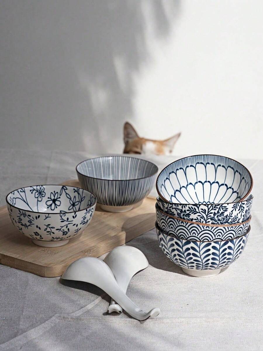 Haus Hana 4 件/6 件日式釉下彩陶瓷饭碗、4.5 英寸汤碗、中国风陶瓷碗、沙拉碗、学校用品