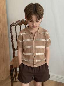 Sweater Rajut Tipis Lengan Pendek Bergaris Kasual untuk Anak Laki-Laki, Kerah Berongga, Cocok untuk Pakaian Sehari-hari di Sekolah pada Musim Semi, Musim Panas, dan Musim Gugur. - Khaki - View 1