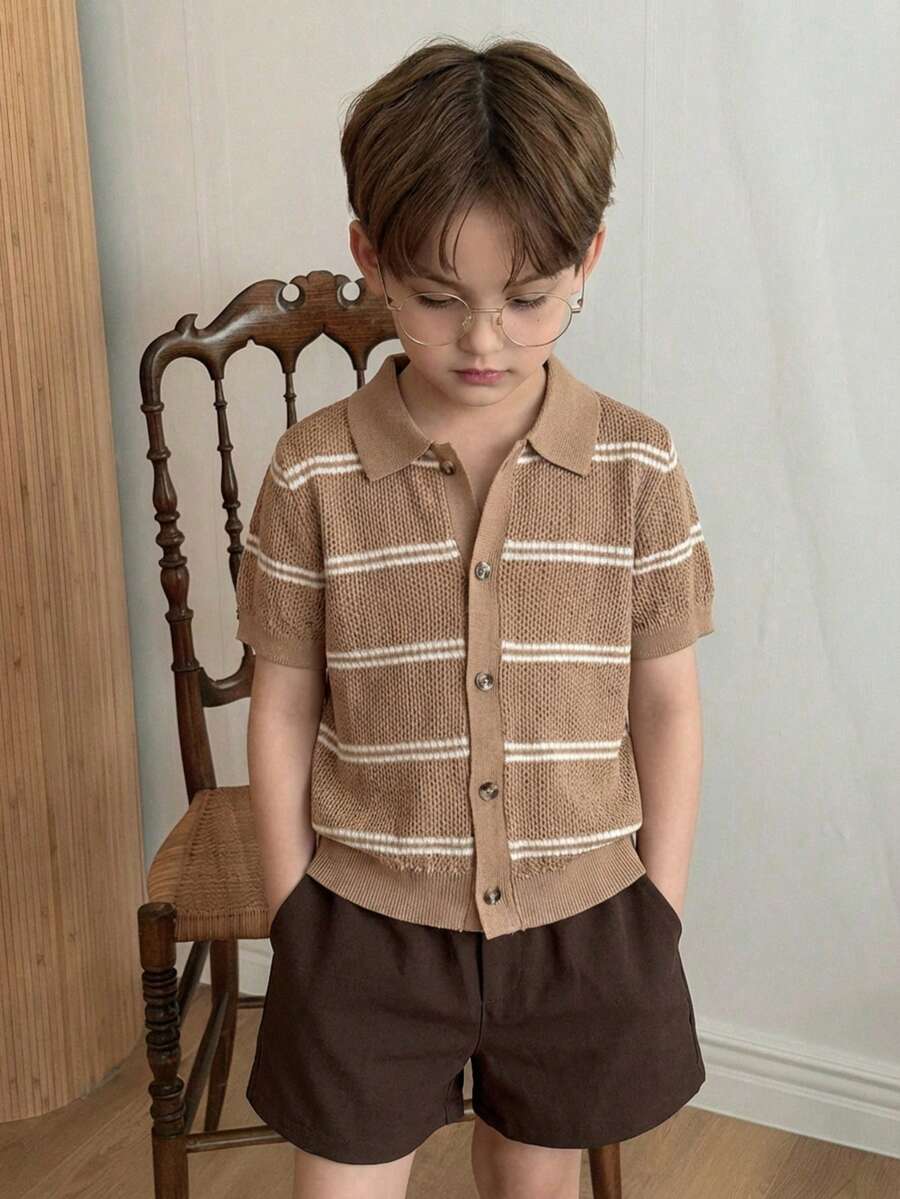 Sweater Rajut Tipis Lengan Pendek Bergaris Kasual untuk Anak Laki-Laki, Kerah Berongga, Cocok untuk Pakaian Sehari-hari di Sekolah pada Musim Semi, Musim Panas, dan Musim Gugur. - Khaki - View 1