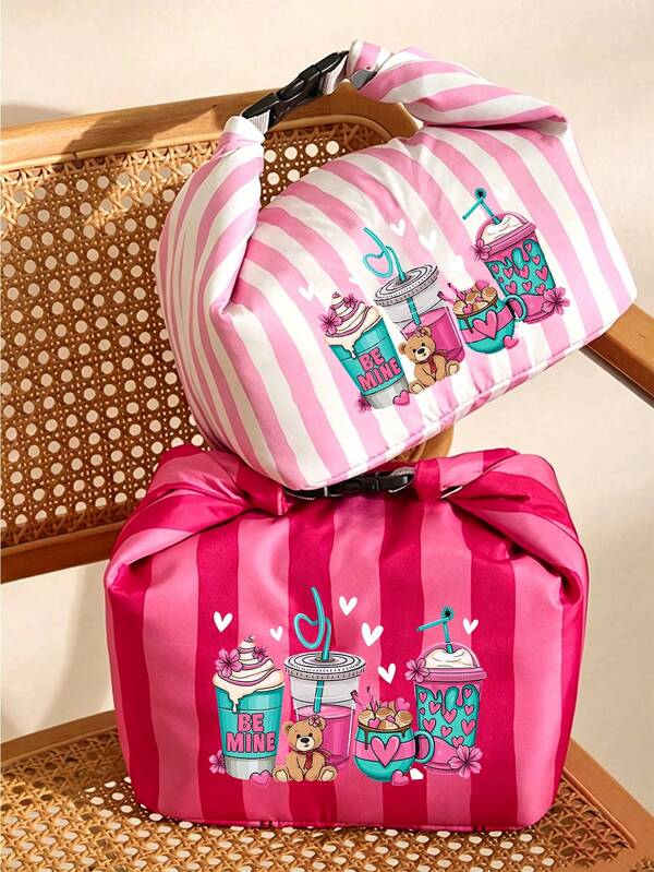 Milk Tea Bear Pattern Lunch Bag, Pink & Magenta Striped Print Women's Handbag,Garden Picnic Supplies; Large Capacity, Student Lunch Insulated Cooler Bag, Portable Travel Picnic Bag, Office School Lunch Bag, Insulated Lunch Box, Multi-Functional Picnic Storage Bag Suitable For Men And Women. Portable Handbag For Daily Commute/Church Activities/Shopping/Spring Outings, Wedding Gift, Birthday Gift; Back To School Season Essential