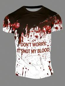 Men's Burgundy & White Blood Splatter Gradient Print Short Sleeve T-Shirt, Customizable Text Design With Blood Effect, Personalized Top - Multicolor - View 3