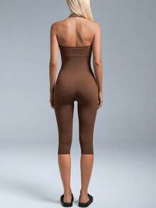NcmRyu Women's 1pc Solid Color Seamless Halter Backless Sports Bodysuit - Mocha Brown - View 4