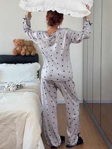 Dreamivo Ruched V-Neck Patchwork Heart Print Long Sleeve Top + Long Pants 2 Pieces Set - Multicolor - View 7