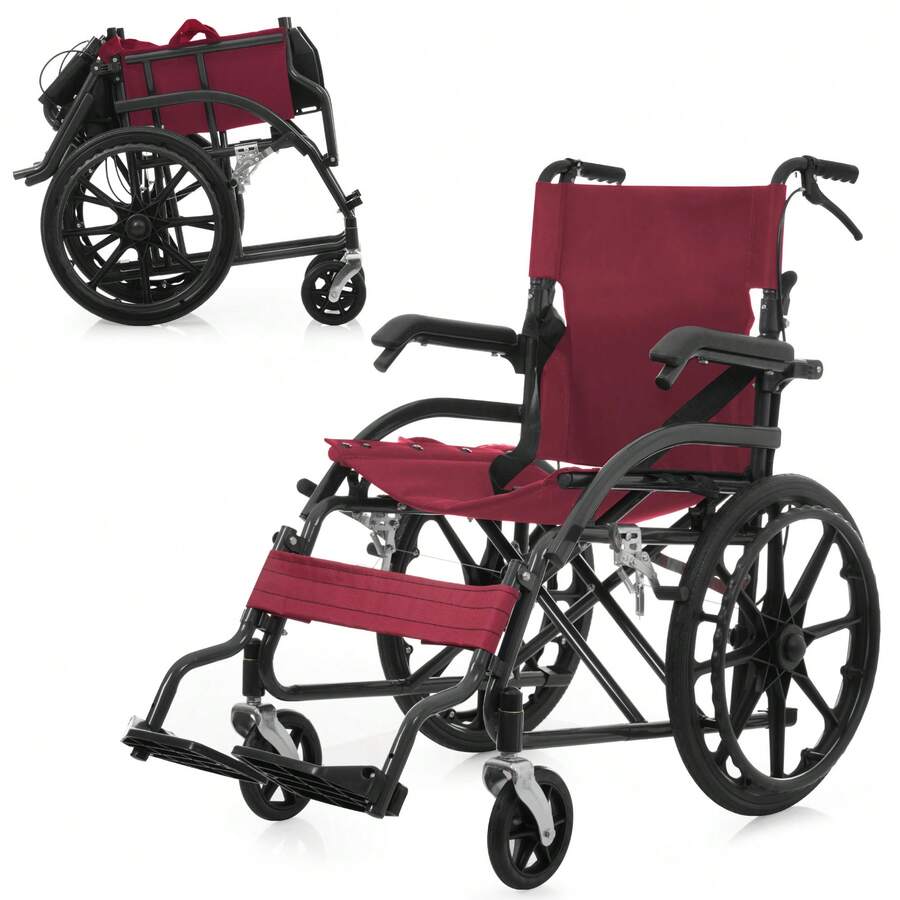 Folding Wheelchair Self-Propelled Self-Propelled Assist Dual-Use Self-Standing Lightweight Compact Non-Puncture Tires Foldable Storable Ultra-Lightweight With Belt Back Pocket For Outdoor Use Nursing Care Welfare Equipment Black Blue Reinforced - View 1