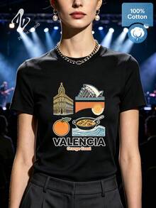 VALENCIA Coastal Orange Coast Print Cotton Short Sleeve T-Shirt Spain Summer Vacation Look - 黑色 - 查看 3