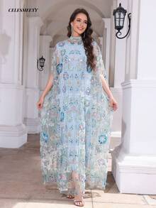 Luxury Elegant Long Robe, Stand Collar, Batwing Sleeves, Mesh Fabric, Embellished With Exquisite Embroidery Details, Autumn Vacation Fall - Baby Blue - View 7