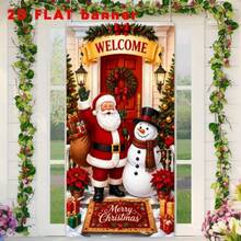 2D Flat 1 Piece Of Christmas-Themed Banner Background, Featuring Santa Claus, Snowmen, Combined With Christmas Trees, Christmas Gifts, Red Flowers Decorations, With The Words "WELCOME" And "Merry Christmas" Printed On It. - View 6