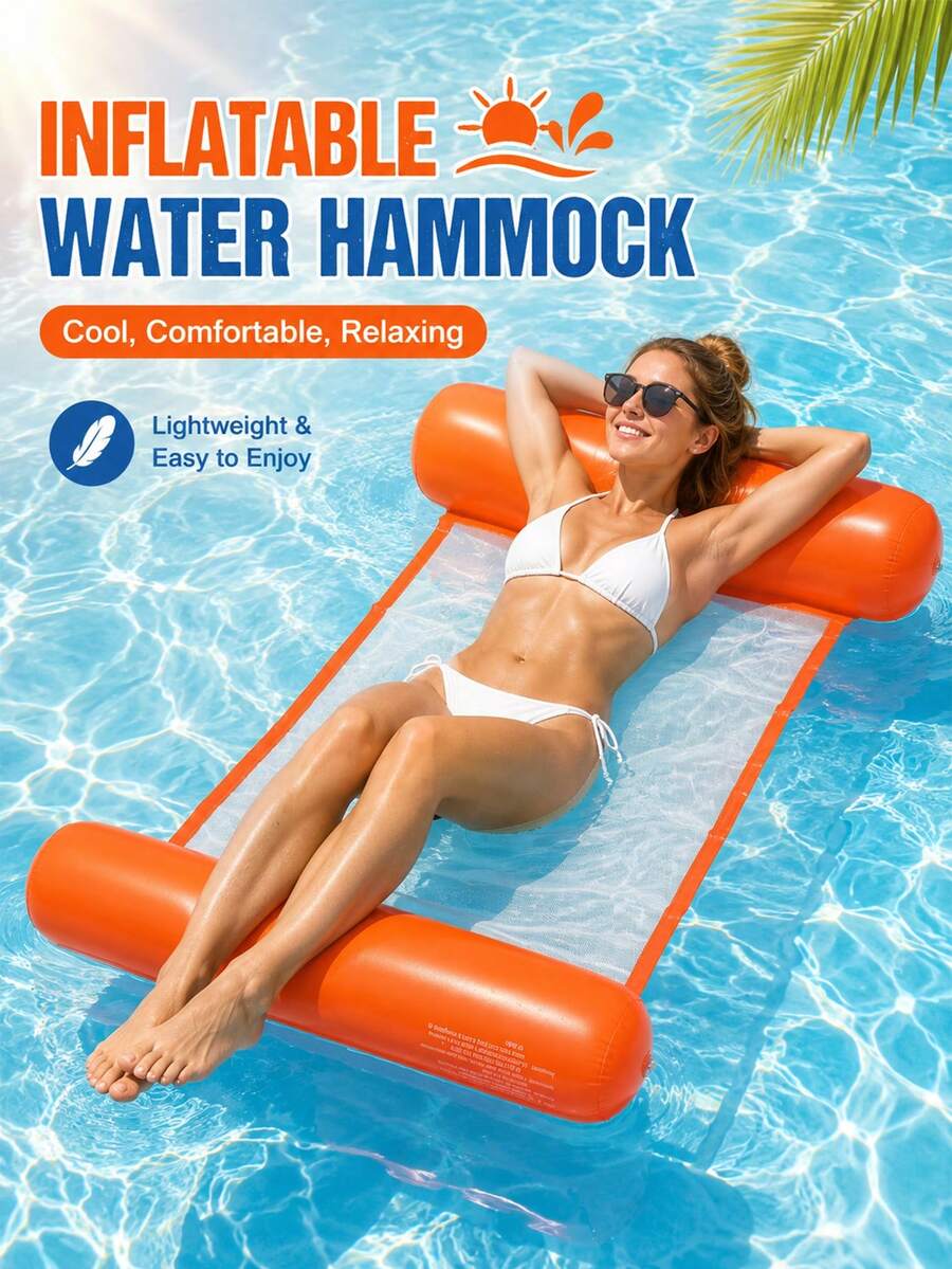1 pieza Hamaca inflable de unicolor, flotador de malla portátil con almohadas inflables dobles para piscina, playa & vacaciones de verano - Naranja - Ver 1