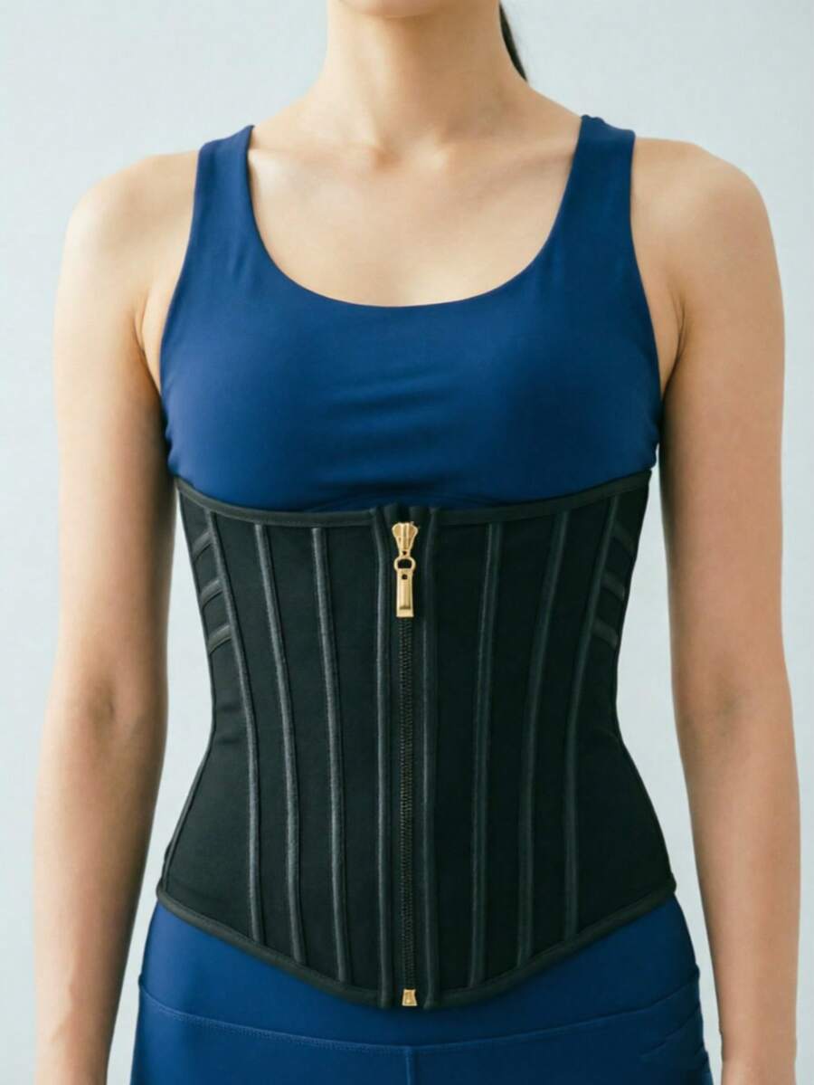 Corselet Preto Abaixo do Busto, Modelador de Cintura com Zíper Frontal, Design com Ganchos Internos, Barbatanas Flexíveis, Redutor de Barriga, Modelador de Silhueta, Cinta Modeladora - Preto - Visão 1