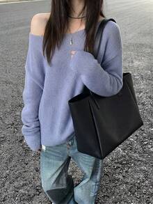 Sweater Pullover Rajut Bahu Terbuka Wanita, Atasan Rajut Bergaris Asimetris Lengan Panjang, Elastisitas Sedang, Panjang Reguler, Cocok untuk Musim Semi dan Gugur - Mauve Purple - View 10