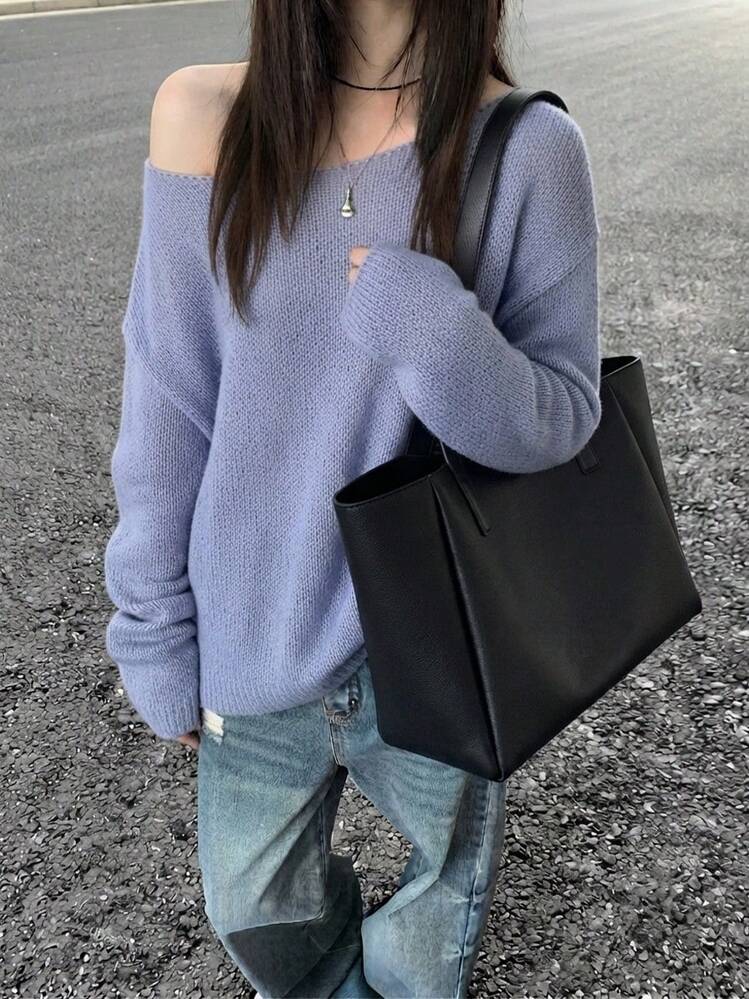 Women's Off-Shoulder Knit Pullover Sweater, Long Sleeve Asymmetric Ribbed Knit Top, Medium Stretch Regular Length, Suitable For Spring And Autumn - Mauve Purple - View 10