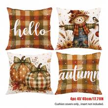 Autumn Vintage Plaid Scarecrow Pumpkin Cushion Cover 4-Piece Set, Single-Sided Printed Peach Skin Velvet Polyester Material, 45*45CM/18*18inch Pillow Covers Suitable For Room Decor, Modern Minimalist Sofa Living Room Decoration, Gift Giving, Party Decoration - Multicolor - View 9