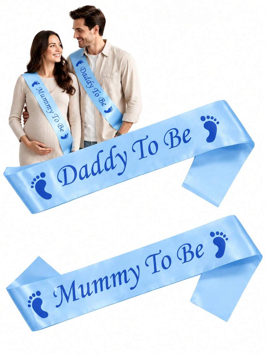 2pcs/Set Maternity And Expectant Parents Ribbon Sash Set, Light Blue Satin With Blue Print, Suitable For Baby Shower Decor, Mom And Dad Sash Set, Perfect For Maternity And Expectant Parents Photo Props, Gift For Maternity And Expectant Parents, Pregnancy Announcement Decor, Gender Reveal Party, Party Supplies