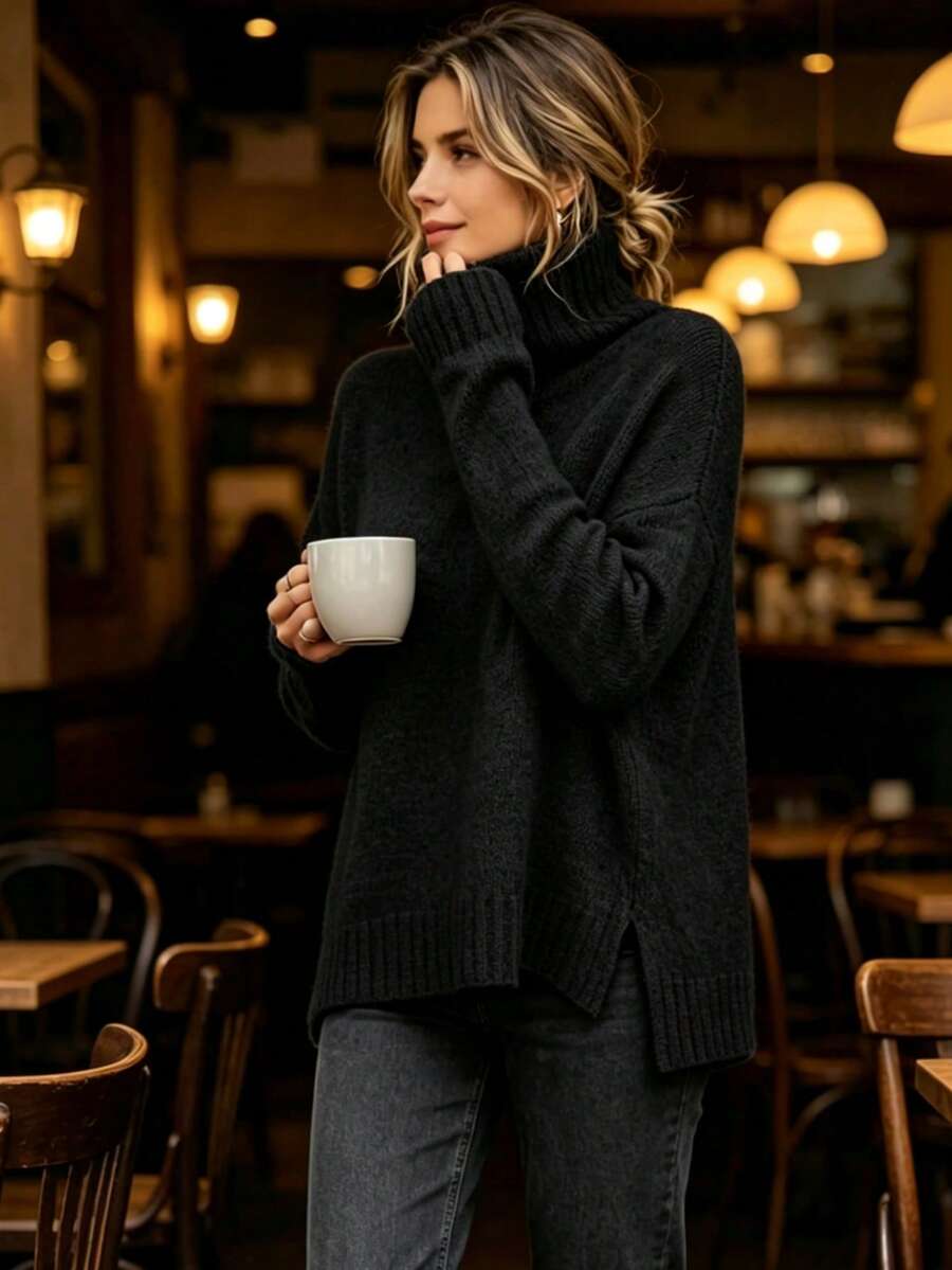 Women's Solid Color Knit Long Sleeve High Neck Split Hem Pullover, Regular Fit