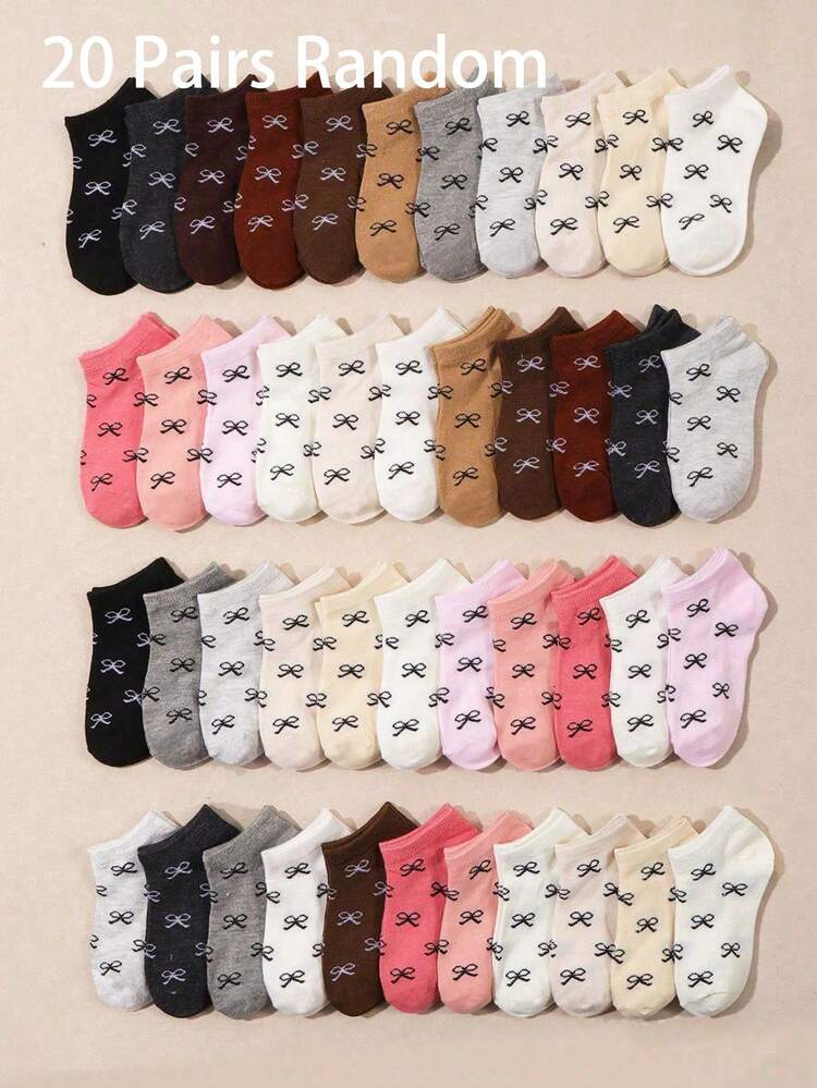 10/20 Pairs Random Girls' Bowknot Print Boat Socks, Multi-Color Mixed Low-Cut Invisible Short Socks, Breathable Comfortable Non-Stuffy, Spring/Summer Thin Low-Top Socks, Versatile For Daily Commute - Multicolor - View 6