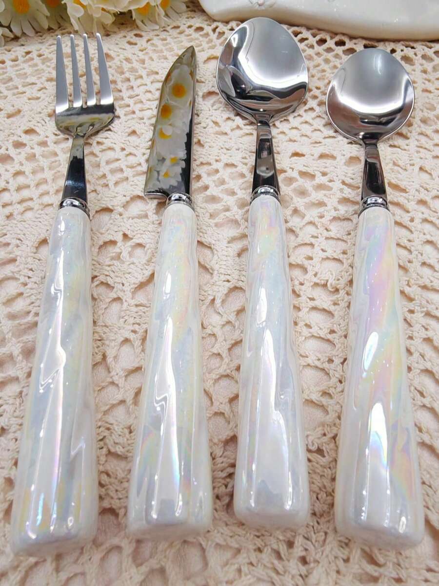 4/24pcs Elegant Ceramic Handle Stainless Steel Cutlery Set, Including Steak Knife, Fork, Dessert Spoon, Soup Spoon, Unique Design Suitable For Home, Restaurant, Kitchen, Daily Dining, Party And Holiday Gathering